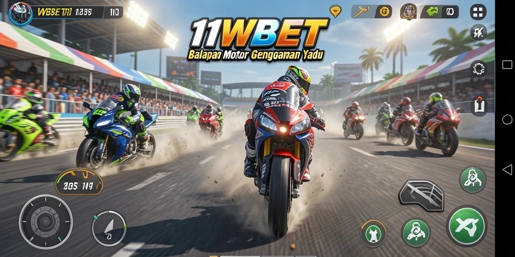 Screenshot gameplay 11WBET dengan aksi balapan motor yang mendebarkan.