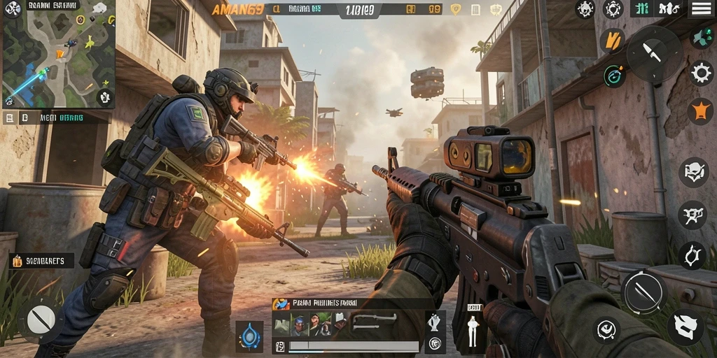 Tangkapan layar gameplay AMAN69 dengan aksi tembak-tembakan yang mendebarkan.