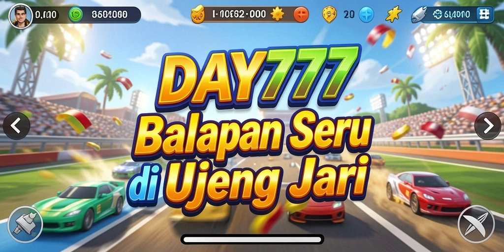 Tampilan gameplay DAY777 dengan mobil balap berakselerasi di lintasan.