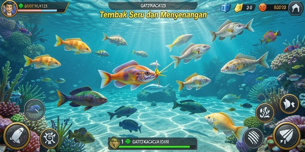 Screenshot gameplay GATOTKACA123 menampilkan aksi seru menembak ikan.