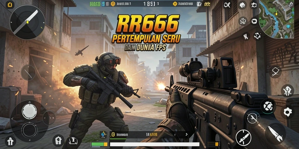 Screenshot gameplay RR666 menampilkan aksi seru dalam pertempuran FPS.